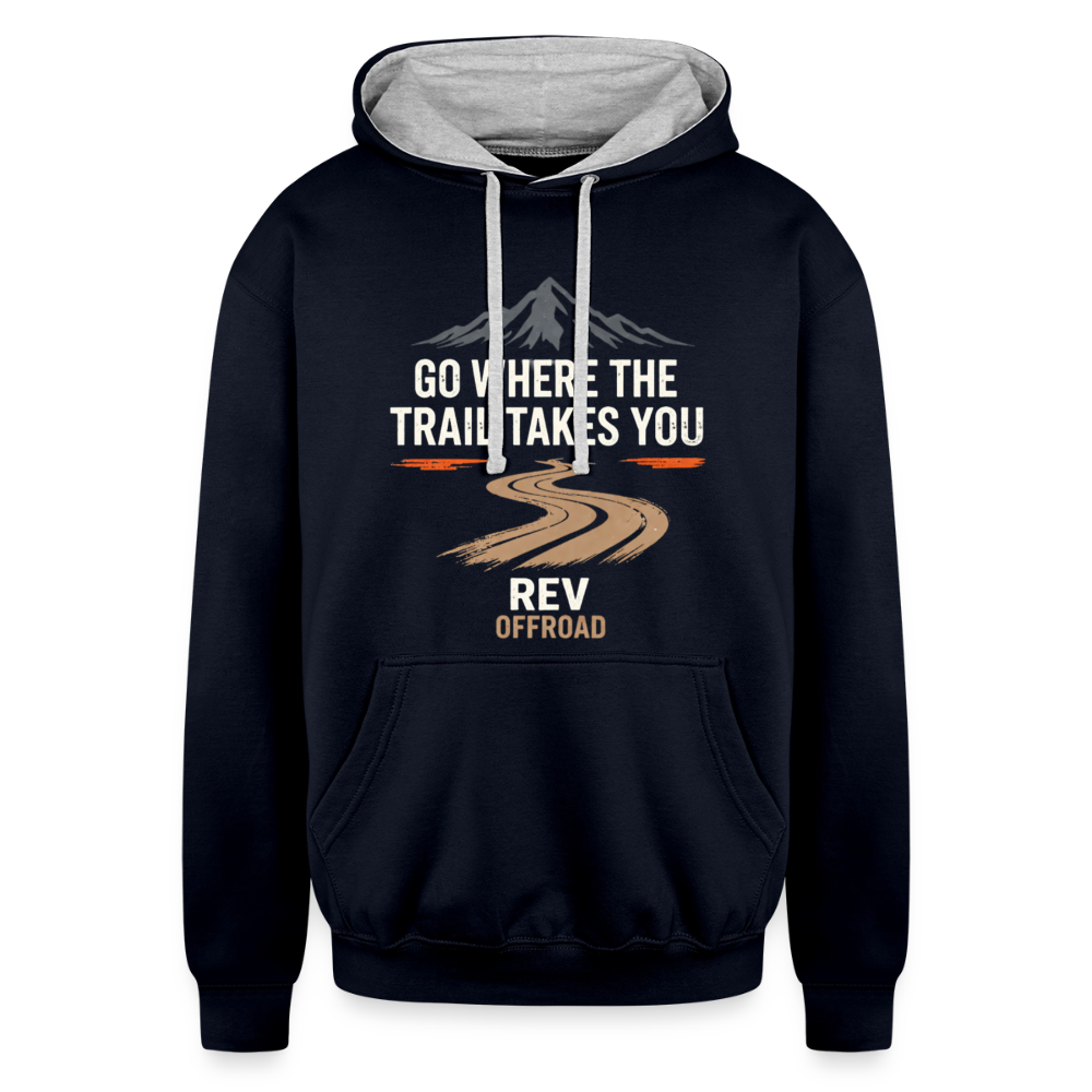 "Go Where The Trail Takes You" Contrast Hoodie - navy/heather gray
