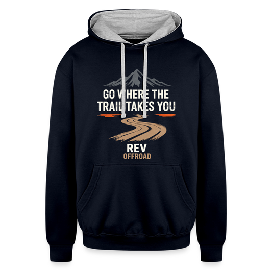 "Go Where The Trail Takes You" Contrast Hoodie - navy/heather gray