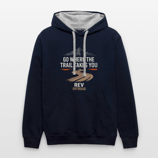 "Go Where The Trail Takes You" Contrast Hoodie - navy/heather gray